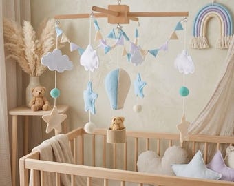 Hot Air Balloon Baby Mobile with Teddy Bear, Cloud and Star Nursery Decor, Pastel Blue Boho Crib Mobile, Neutral New Baby Shower Gift Mo28