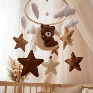 Bear on Moon Baby Mobile for Boho Nursery - Neutral Celestial Crib Hanging Decor - Gender Neutral Baby Shower Gift - Mo23