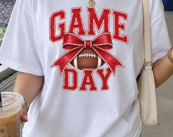 Game Day Tee Red Bow Football, Matching Mommy and Me Shirt, Comfort Colors Adult and Youth Football Tee, Coquette Tailgate Shirt