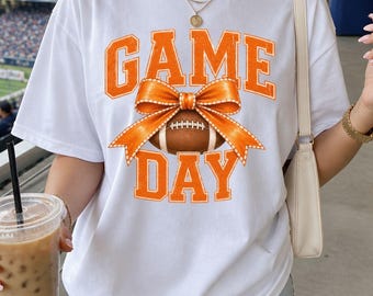 Game Day Orange Bow Shirt, Football Bow Tee, Comfort Colors Shirt, Youth Football Shirt, Coquette Game Day Tee, Tailgate Shirt Women