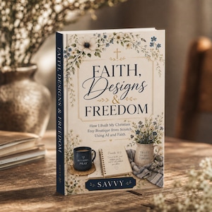 Può includere: Un libro con copertina rigida intitolato Faith, Designs & Freedom con una copertina color crema caratterizzata da illustrazioni floreali, una croce, una tazza blu scuro con il testo But First, Pray, un taccuino aperto e una brocca Trust In His Timing.