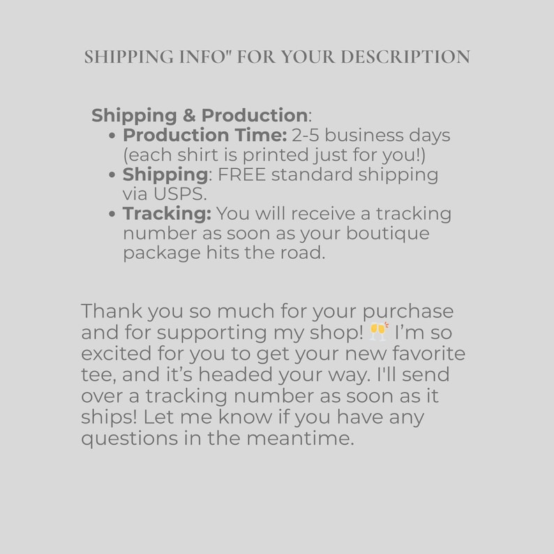 Shipping information, production times, and thank you card included with every FaithSavvy Game Day shirt order.