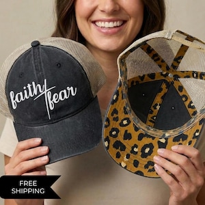 Faith Over Fear Trucker Hat, Christian Embroidered Hat for Women, Vintage Washed Mesh Back Snapback, Leopard Print Faith Gift, Mom Hat