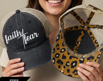 Glaube über Angst Trucker Hat, christlicher bestickter Hut für Frauen, Vintage Washed Mesh Back Snapback, Leopard Print Glaube Geschenk, Mom Hat