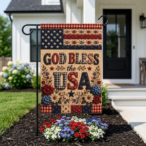 God Bless the USA Faux Patchwork Garden Flag, Patriotic Floral Garden Flag, Americana Quilt Flag, Farmhouse Porch Decor, 4th of July Decor