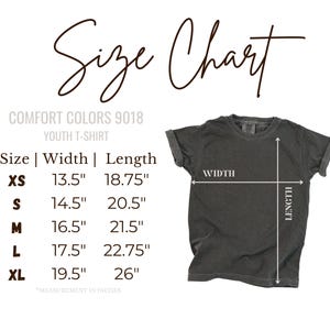 Comfort Colors youth t-shirt size chart for Game Day football shirts.