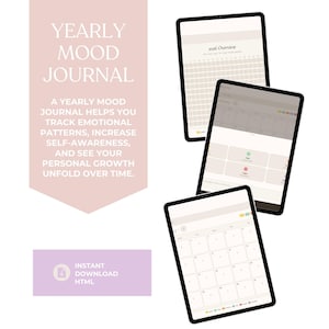 Può includere: Diario digitale annuale dell'umore visualizzato su tre tablet. Il diario aiuta a tenere traccia dei modelli emotivi e ad aumentare la consapevolezza di sé. Il testo sull'immagine recita "Yearly Mood Journal" e "Instant Download HTML."