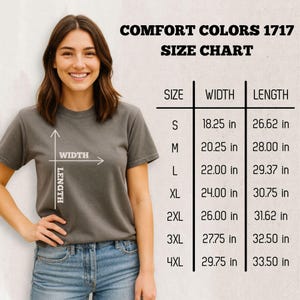 Comfort Colors 1717 adult unisex t-shirt size chart for Game Day football shirts.