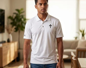 Adidas Leistung Polo für Männer, gesticktes schwarzes Kreuz Polo, Christian Golf Shirt, Faith Athletic Wear, Geschenk für Papa