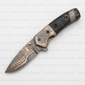 Handcrafted Copper Damascus Folding Knife, Cu-Mai Pocket Knife with Leather Sheath, Gift For Him Bild 8