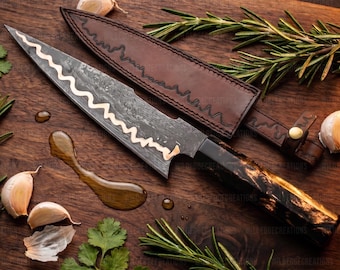 Hand Forged Damascus Chef Knife, Copper Steel Blade, Resin Handle, Leather Sheath