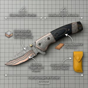 Handcrafted Copper Damascus Folding Knife, Cu-Mai Pocket Knife with Leather Sheath, Gift For Him Bild 4
