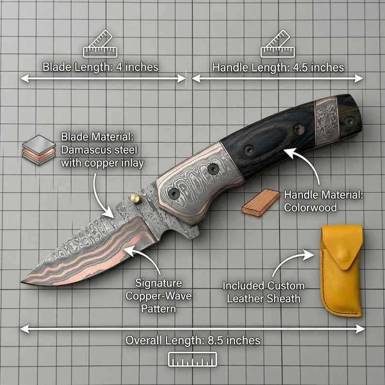 Handcrafted Copper Damascus Folding Knife, Cu-Mai Pocket Knife with Leather Sheath, Gift For Him Bild 4