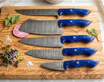 5-Piece Damascus Steel Chef Knife Set | Blue Resin Handle, Leather Roll