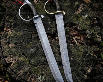 Hand Forged Damascus Steel Cutlass Sword – Pirate Saber with Leather Sheath