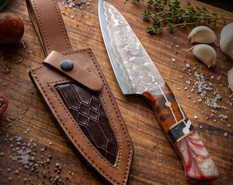 Handmade Copper Damascus Chef Knife with Leather Sheath,  Premium Christmas Gift for Chefs