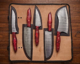 5 Piece Damascus Steel Chef Knife Set | Hand-Forged Kitchen Knives With Leather Roll