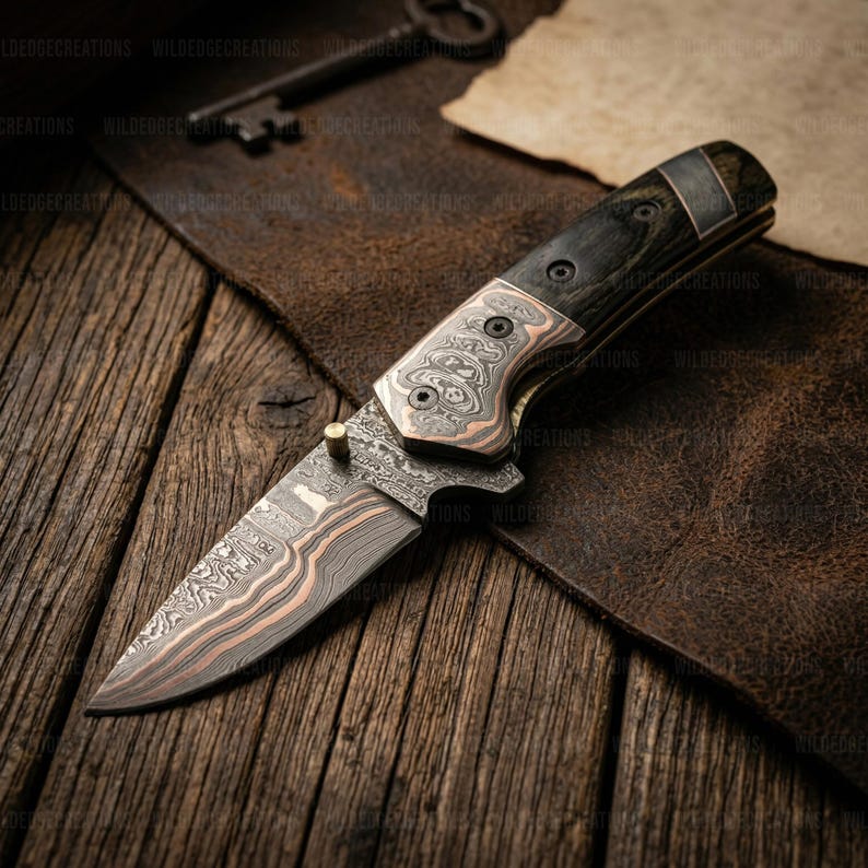 K&ouml;nnte beinhalten: Ein Klappmesser mit gemusterter Klinge und Griff, mit Kupfer- und dunklen Holzakzenten. Die Klinge hat ein einzigartiges Schichtdesign. Das Messer wird auf einer Holzoberfl&auml;che pr&auml;sentiert.