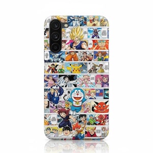 Può includere: Una custodia per telefono bianca con un colorato collage di personaggi di anime e manga. Il design include pannelli con vari personaggi in pose d'azione, con finitura lucida.