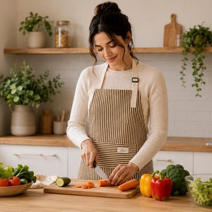 May include: A woman wearing a striped apron is cutting carrots on a wooden cutting board in a kitchen. Fresh vegetables, including lettuce, tomatoes, and bell peppers, are arranged nearby. The kitchen has wooden shelves and white cabinets.