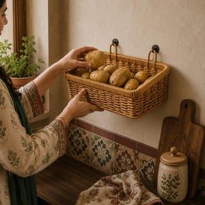 Op de afbeelding: Een rechthoekige, geweven rieten mand gevuld met aardappelen. De mand is aan een beige muur bevestigd met zwarte haken. Er is een houten snijplank en een keramische pot in de buurt.