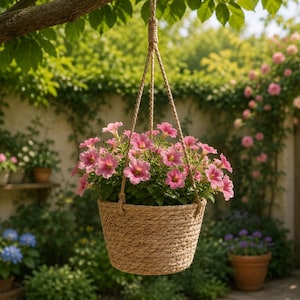 May include: A hanging basket filled with vibrant pink flowers. The basket is made of woven material and suspended by rope. The background features a lush garden with other potted plants and a wooden gate.