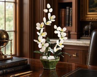 Escultura de orquídea de jade natural, decoración de bonsái de flores blancas, adorno floral de piedras preciosas hecho a mano, elegante regalo para el hogar y la oficina.