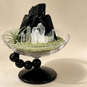 Puede incluir: Un cuenco de cristal transparente con una base de pedestal negra formada por esferas apiladas. Dentro, fragmentos de turmalina negra y puntas de cuarzo transparente se disponen sobre un lecho de peque&ntilde;as piedras verdes y una planta a&eacute;rea.