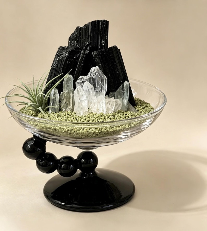 Puede incluir: Un cuenco de cristal transparente con una base de pedestal negra formada por esferas apiladas. Dentro, fragmentos de turmalina negra y puntas de cuarzo transparente se disponen sobre un lecho de peque&ntilde;as piedras verdes y una planta a&eacute;rea.