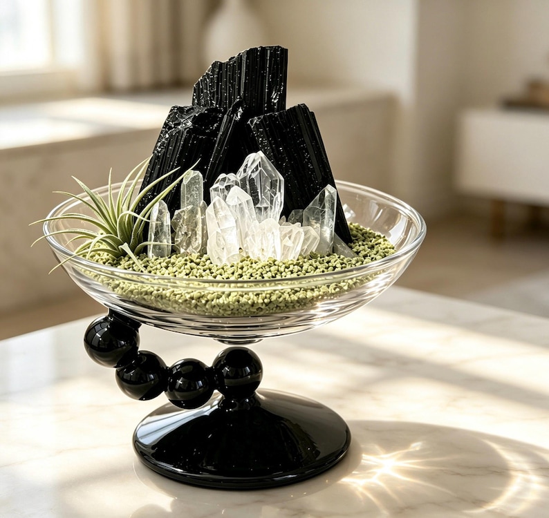 Jardín de cristal de turmalina negra, paisaje de cristal de cuarzo, terrario de cristal para plantas aéreas, decoración zen para el hogar, regalo moderno de bonsái de cristal imagen 4