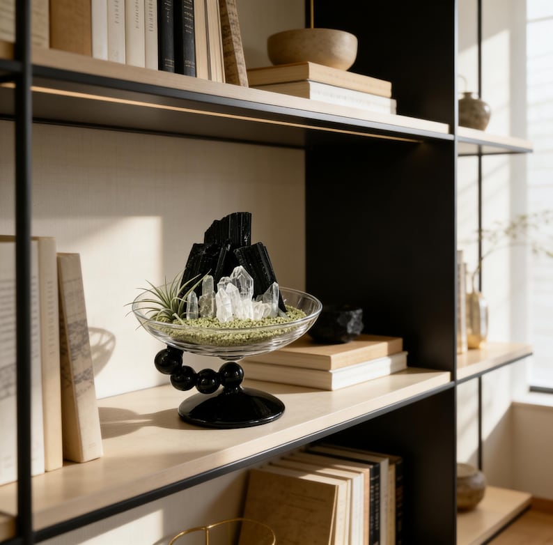 Jardín de cristal de turmalina negra, paisaje de cristal de cuarzo, terrario de cristal para plantas aéreas, decoración zen para el hogar, regalo moderno de bonsái de cristal imagen 15