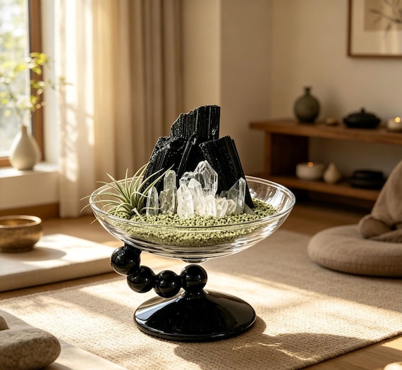Black Tourmaline Crystal Garden, Quartz Crystal Landscape, Air Plant Crystal Terrarium, Zen Home Decor, Modern Crystal Bonsai Gift