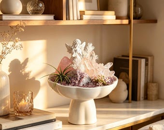 Rose Quartz Crystal Garden with Angel Statue, Natural Rose Quartz Cluster Decor, Crystal Bonsai Arrangement, Spiritual Home Decor Gift