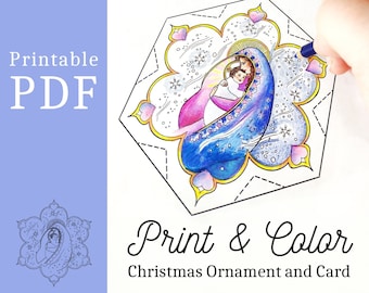 Print & Color Christmas Ornament and Card "Peace on Earth" Madonna and Child Snowflake PDF