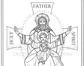 Catholic Coloring Page, Sign of the Cross, Holy Trinity - 5 PDF coloring pages [MULTILINGUAL]