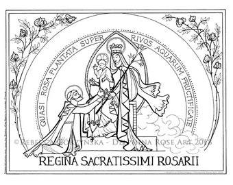Our Lady of the Rosary Coloring Page - Victory Saint Dominic Christian Catholic Art