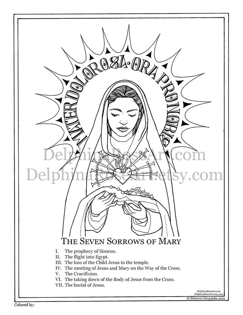 Catholic Coloring Page Seven Sorrows of Mary Mater Dolorosa, Sorrowful Mother PDF image 1