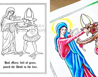 Catholic Coloring Page - Punch the Devil in the Face - PDF Coloring Page