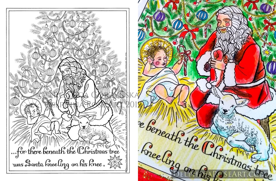 Kneeling Santa Coloring Page Christmas Tree Saint Nicholas - Etsy Hong Kong
