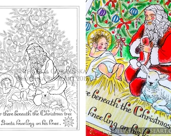 Kneeling Santa Coloring Page - Christmas Tree, Saint Nicholas, Christ Child, Baby Jesus, Santa Claus, Lamb, Catholic, Christian