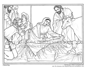 Adoration of the Shepherds (Honthorst)  Christmas Nativity coloring page