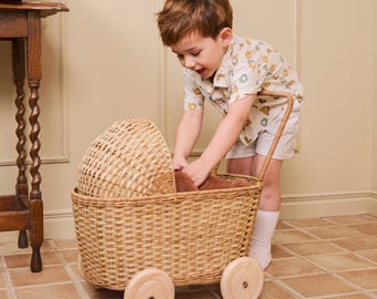 Rattan Dolls Pram And Shopping Trolley for Children | Hand-Woven Dolls Buggy with Wooden Wheels, Cushion & Mattress | Montessori Toy