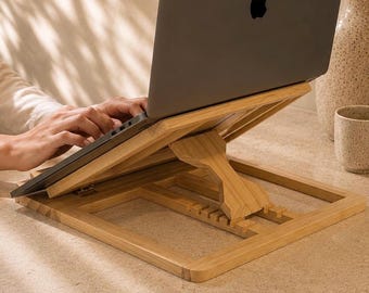 Wood Laptop Stand Adjustable | Ergonomic Desk Riser for MacBook | Foldable Pine Stand | College Dorm Desk Essential | Gift for Him Her