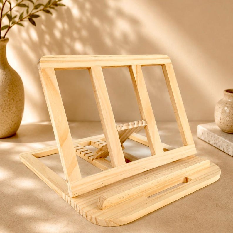 Pu&ograve; includere: Un leggio in legno naturale con base rettangolare e schienale angolato. Il leggio presenta una serie di supporti verticali e un piccolo bordo per tenere il libro in posizione. Il legno ha un aspetto chiaro e non rifinito.