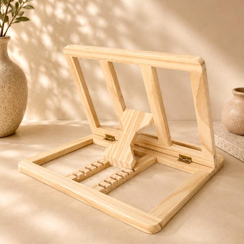 Pu&ograve; includere: Un leggio in legno chiaro, aperto e angolato, con un pezzo di supporto e una serie di piccole tacche. Il leggio &egrave; incernierato e si ripiega piatto. Lo sfondo include un vaso e un piccolo vaso decorativo.