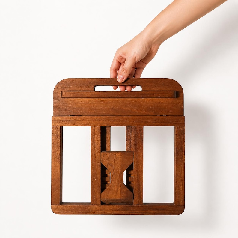 Pu&ograve; includere: Un vassoio pieghevole in legno con manico &egrave; tenuto da una mano su sfondo bianco. Il vassoio &egrave; in legno marrone scuro e ha una forma rettangolare con un design a telaio aperto. Il vassoio &egrave; largo circa 30 cm.