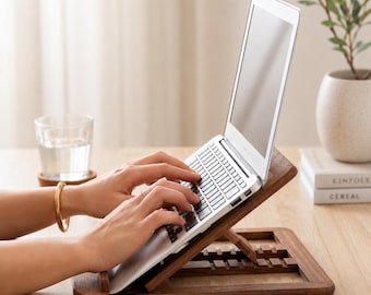 Wooden Laptop Stand Adjustable | Foldable Pine Riser for Desk | Ergonomic MacBook Holder 11”-17” | Home Office Gift for Him Her