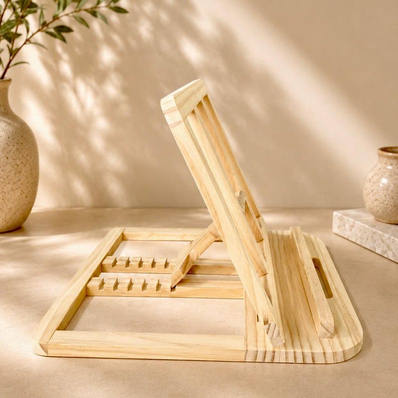 Pu&ograve; includere: Un leggio in legno chiaro con schienale angolato e base rettangolare. Il supporto ha una serie di piccole fessure per tenere aperto un libro. Il design &egrave; semplice e funzionale, adatto per leggere o esporre libri.