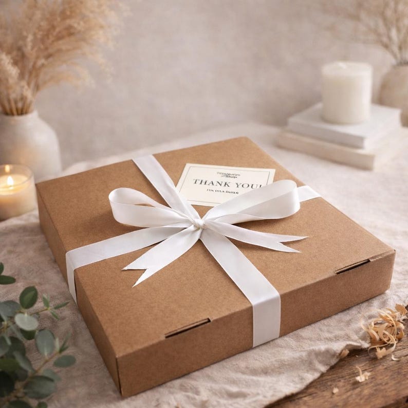 Pu&ograve; includere: Una scatola regalo di cartone marrone legata con un nastro e un fiocco di raso bianco. Una piccola carta con le parole "THANK YOU!" &egrave; attaccata alla scatola. La scatola &egrave; su una superficie dai toni neutri.