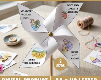 Ruth Pinwheel Paper Craft afdrukbaar, Bijbelverhaalactiviteit voor kinderen, Ruth en Naomi Craft, zondagsschoolles, VBS Craft,